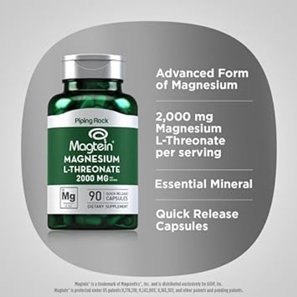 Magnesium L-Threonate 2000Mg | 90 Capsules | With Magtein | Non-Gmo, Gluten Free Supplement | By Piping Rock