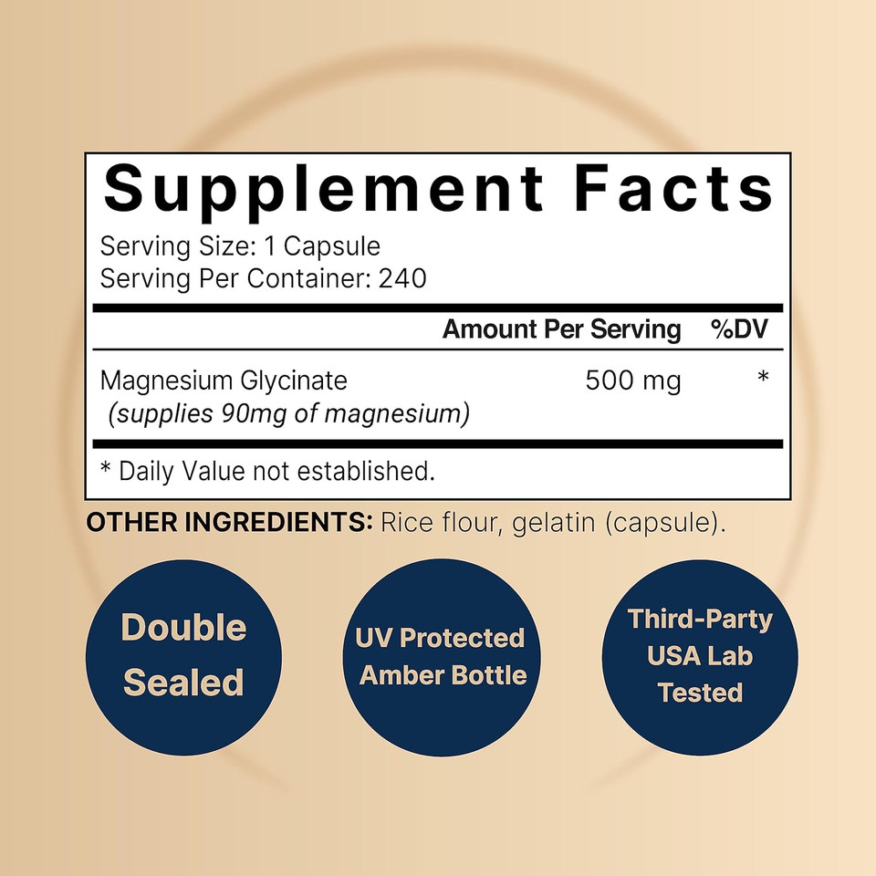 Naturebell Magnesium Glycinate Capsules 500Mg | 240 Count, 100% Chelated & Purified, 3Rd Party Tested, Non-Gmo & Gluten Free
