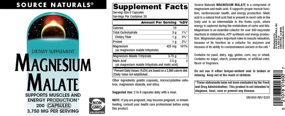 Source Naturals Magnesium Malate, Supports Muscles And Energy Production*, 3750 Mg - 200 Capsules