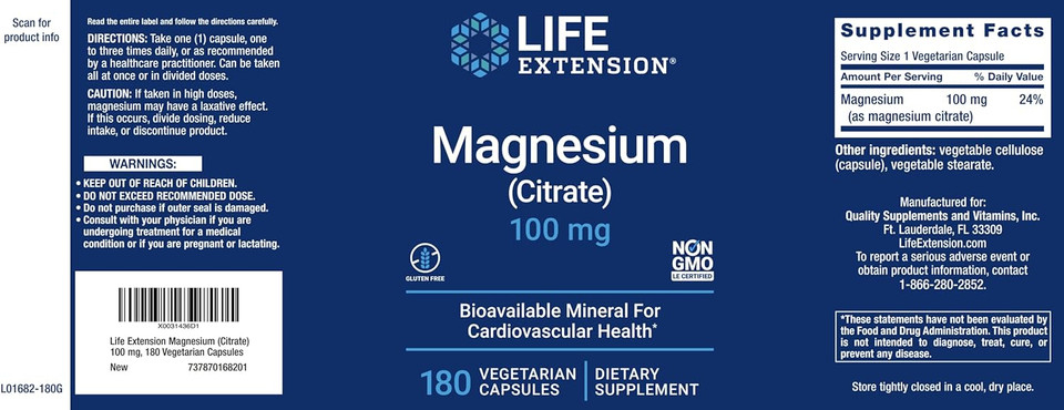 Life Extension Magnesium Citrate 100mg, 180 Veg Caps - Natural Mag Supplement - 100 mg Mineral Support Capsules - Vegan, Vegetarian, Non-GMO