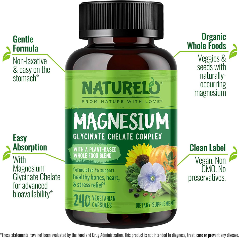 Naturelo Magnesium Glycinate Supplement - 200 Mg Glycinate Chelate With Organic Vegetables To Support Sleep, Calm, Muscle Cramp & Stress Relief  Gluten Free, Non Gmo - 240 Capsules