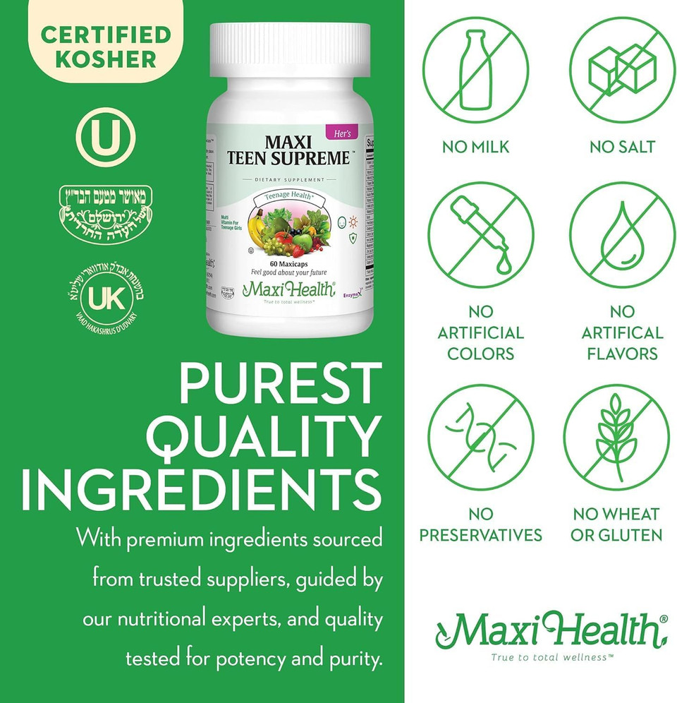 Maxi Health Teen Supreme Hers Vitamins For Teen Girls (120) - Women'S Multivitamin For Energy, Immune Boost, Body & Brain Growth - Womens Multi Vitamins Including D3, Iron, Calcium, Digestive Enzyme