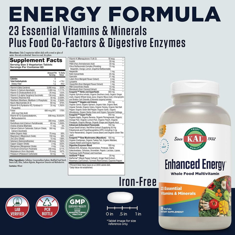 Kalã¢Â® Enhanced Energy Multivitamin | Whole Food Based Vitamins & Minerals W/ Antioxidants, Digestive Enzymes & Natural Carotenoids | 180 Capsules