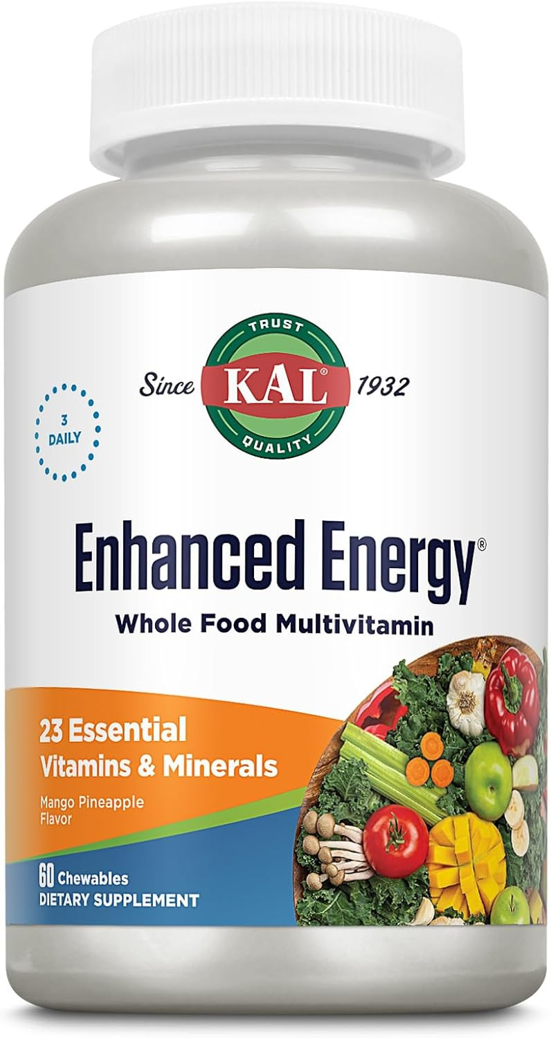 Kal Enhanced Energy Supplements, Whole Food Chewable Multivitamin With Iron, 3 Daily, 23 Essential Vitamins And Minerals, Super Foods, Enzymes, Mango Pineapple Flavor, 60-Day Guarantee, 20 Serv, 60Ct