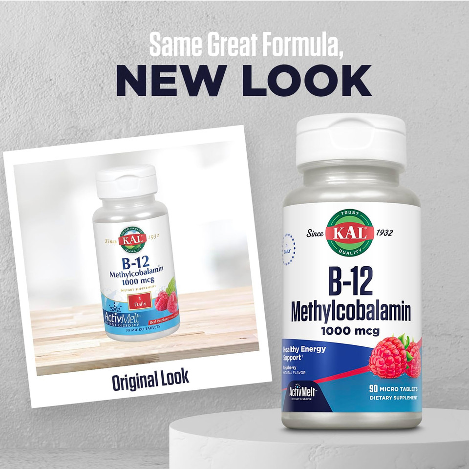Kal Vitamin B12 Methylcobalamin 1000Mcg, Healthy Energy, Metabolism, Nerve & Red Blood Cell Support,* Fast Dissolve Activmelt, Optimal Absorption, Natural Raspberry Flavor, 90 Servings, 90 Micro Tabs