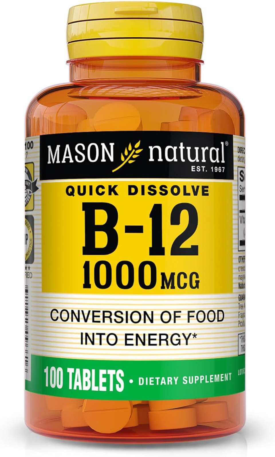 Mason Natural Vitamin B12 1000 Mcg Quick Dissolve - Healthy Conversion Of Food Into Energy, Supports Nerve Function And Health, 100 Tablets