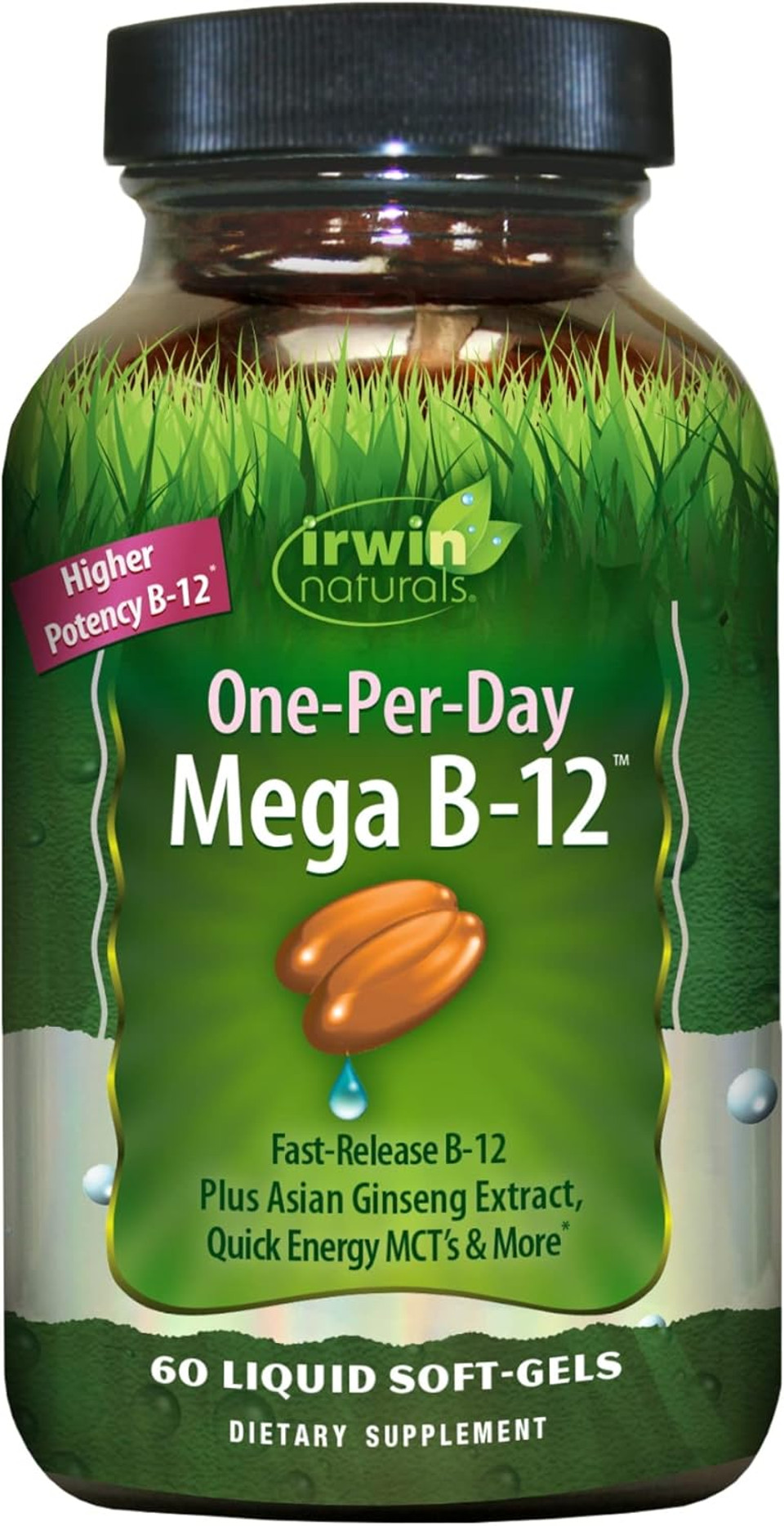 Irwin Naturals One-Per-Day Mega B-12 1,500Mcg High Potency Methylcobalamin Vitamin - Fast Enhanced Absorption With Mct + Asian Ginseng - Natural Energy Boost - 60 Liquid Softgels