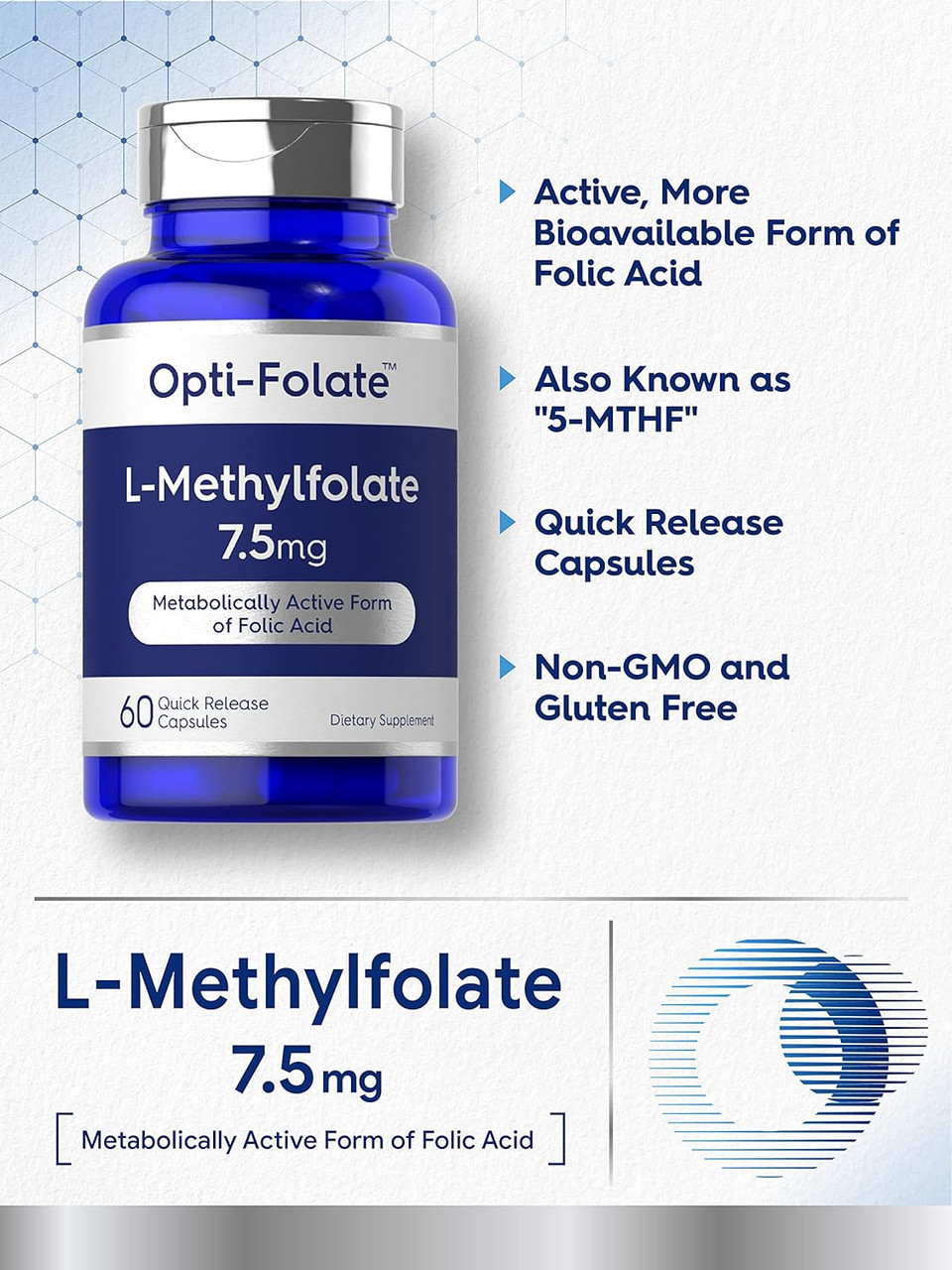 Carlyle L Methylfolate 7.5 Mg | 60 Capsules | Optimized And Activated | Non-Gmo, Gluten Free | Methyl Folate, 5-Mthf | By Opti-Folate