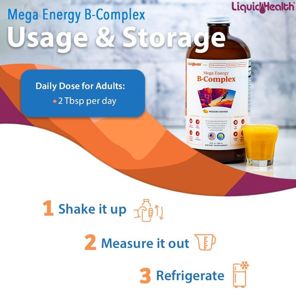 Liquidhealth 32 Oz B Complex Liquid Super Mega Energy Active B Vitamins Supplements Bcomplex Methlayted, Vegan, Gluten, Soy, Sugar Free