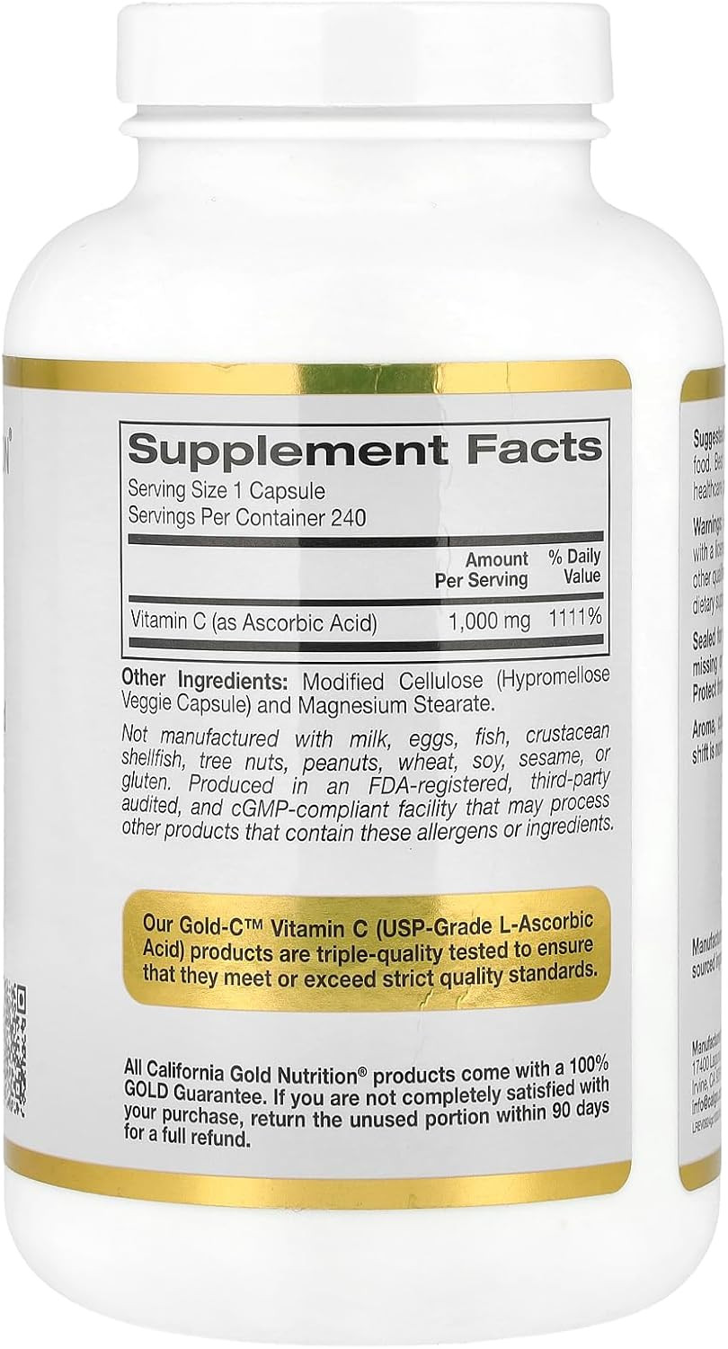 Gold C By California Gold Nutrition - Usp Grade Vitamin C Supplement - Immune Support & Seasonal Wellness - Vegetarian Friendly - Gluten Free, Non-Gmo - 1000 Mg - 240 Veggie Capsules