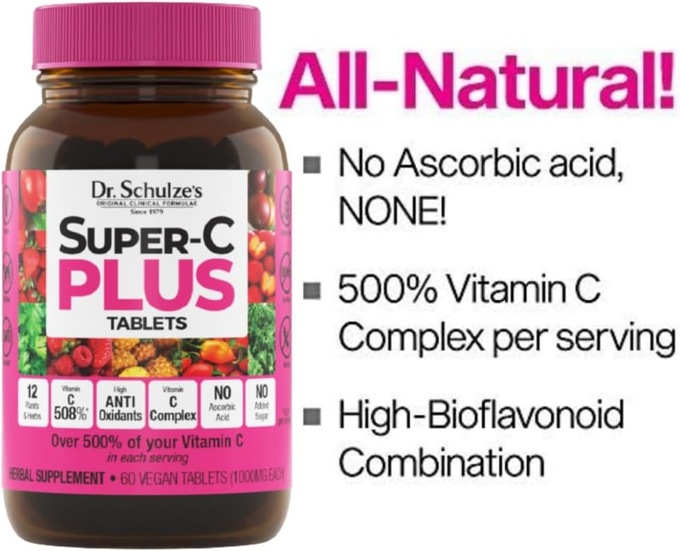 Dr. Schulze'S | Super-C Plus | Vitamin C Complex | Clinical Herbal Formula | Dietary Supplement | Immunity Support | Increase Collagen Formation & Iron Absorption | 60 Chewable Tablets (1000 Mg)