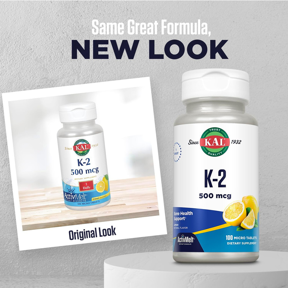 Kal Vitamin K2 500 Mcg, Bone, Heart And Artery Health Supplement As Vitamin K2 Mk4, Bone Strength And Cardiovascular Function Support, Natural Lemon Activmelts, Vegetarian, 100 Serv, 100 Micro Tablets