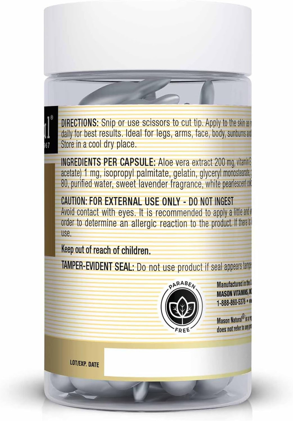 Mason Natural Aloe Vera & Vitamin E Body Cream - Premium Skin Conditioning Formula, Beauty Boosting Skin Care, 60 Snip-Off Caps