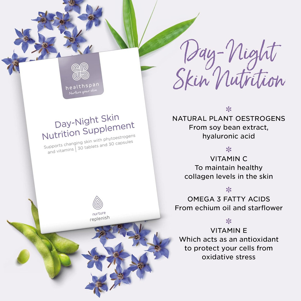 Healthspan Day-Night Skin Nutrition Supplement | Contains Soy Bean Extract & Omega 3 with Vitamins C & E | Skin Care | Vegetarian (30 Day Supply) Healthspan Day-Night Skin Nutrition Supplement | Contains Soy Bean Extract & Omega 3 with Vitamins C & E | Skin Care | Vegetarian (30 Day Supply)