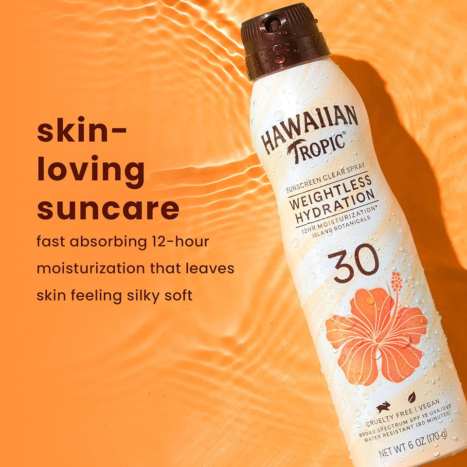 Hawaiian Tropic Weightless Hydration Clear Spray Sunscreen Spf 30, 6Oz Twin Pack | Hawaiian Tropic Sunscreen Spf 30, Sunblock, Oxybenzone Free Sunscreen, Spray On Sunscreen Pack, 6Oz Each