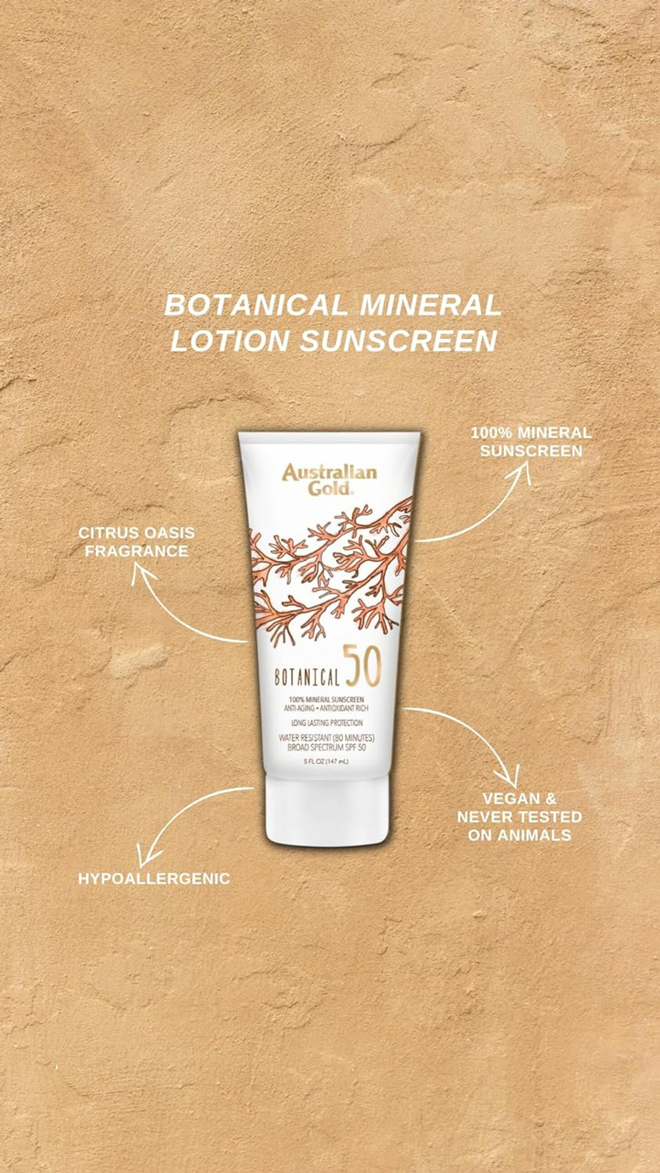 Australian Gold Botanical Sunscreen Mineral Lotion, Broad Spectrum, Water Resistant, Spf 50, 5 Ounce