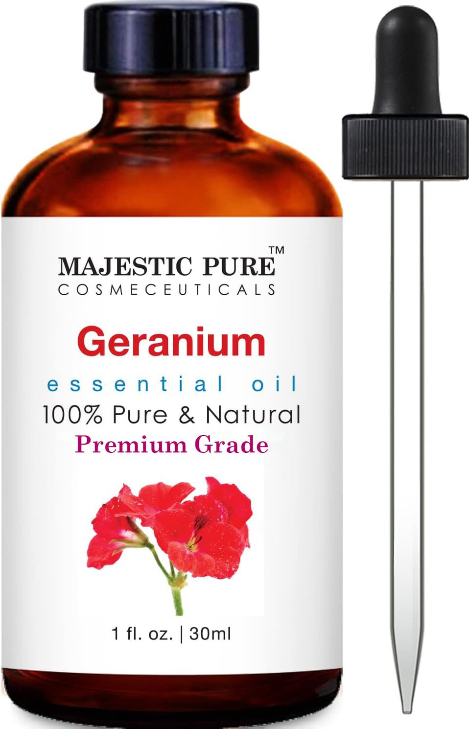 Majestic Pure Geranium Essential Oil - 100% Pure & Natural Rose Geranium Oil - Geranium Oil For Skin, Hair Growth, Body, Massage, Aromatherapy, Diffuser, Candle & Soap Making - 1 Fl Oz