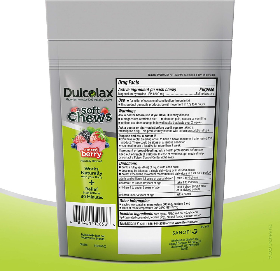 Dulcolax Soft Chews Saline Laxative Mixed Berry (30Ct) Gentle Constipation Relief, Magnesium Hydroxide 1200Mg