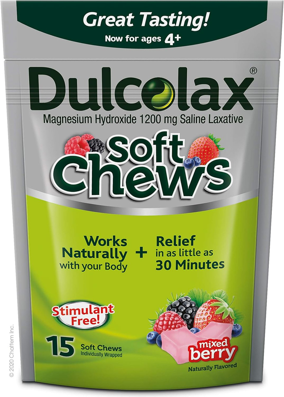 Dulcolax Soft Chews Saline Laxative Gentle Constipation Relief, Magnesium Hydroxide 1200Mg, 15 Count, Mixed Berry Flavor