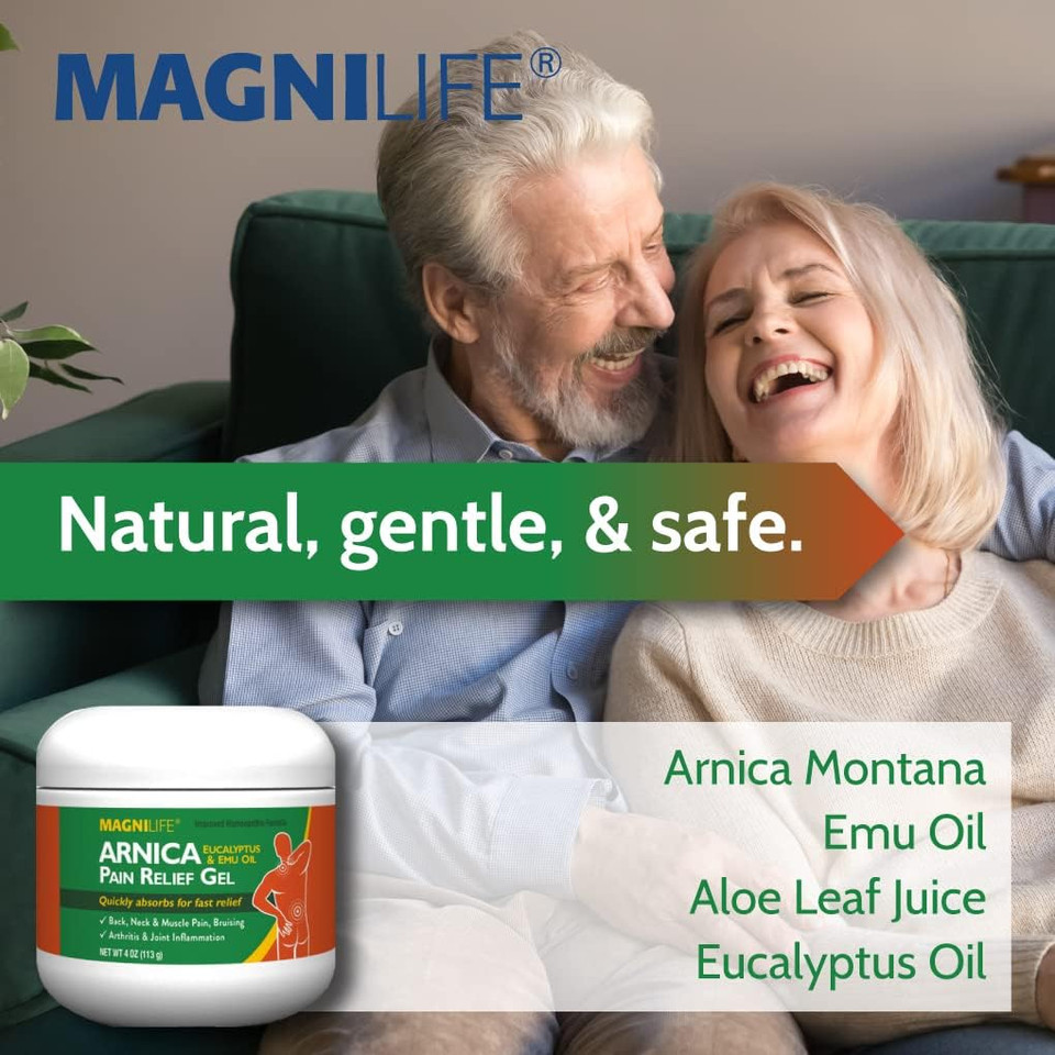 Magnilife Arnica Pain Relief Gel, Fast Acting Neck And Back Pain Relief, With Eucalyptus And Emu Oil To Soothe Soreness, Inflammation And Discomfort - 4Oz