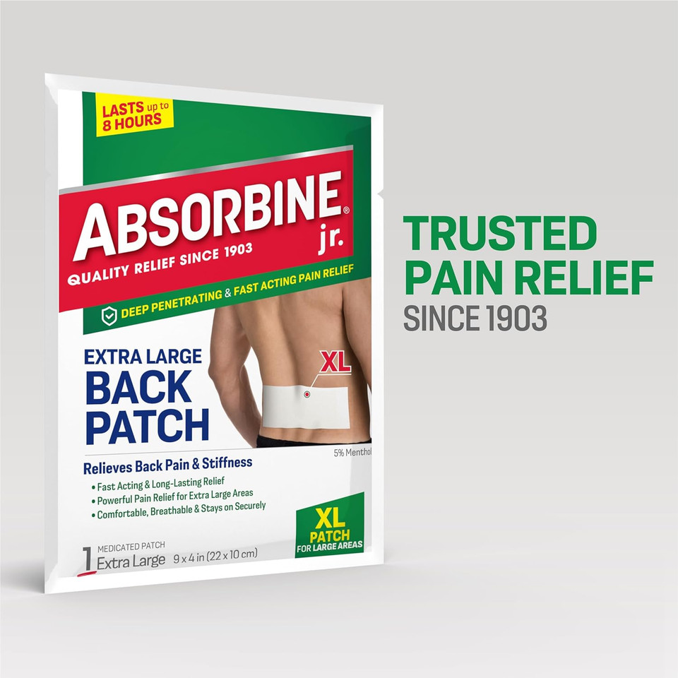 Absorbine Jr. Pain Relief Patches, Extra Large Back Pain Patch With Menthol For Lower Back Muscle Aches And Cramps, 18 Count, White