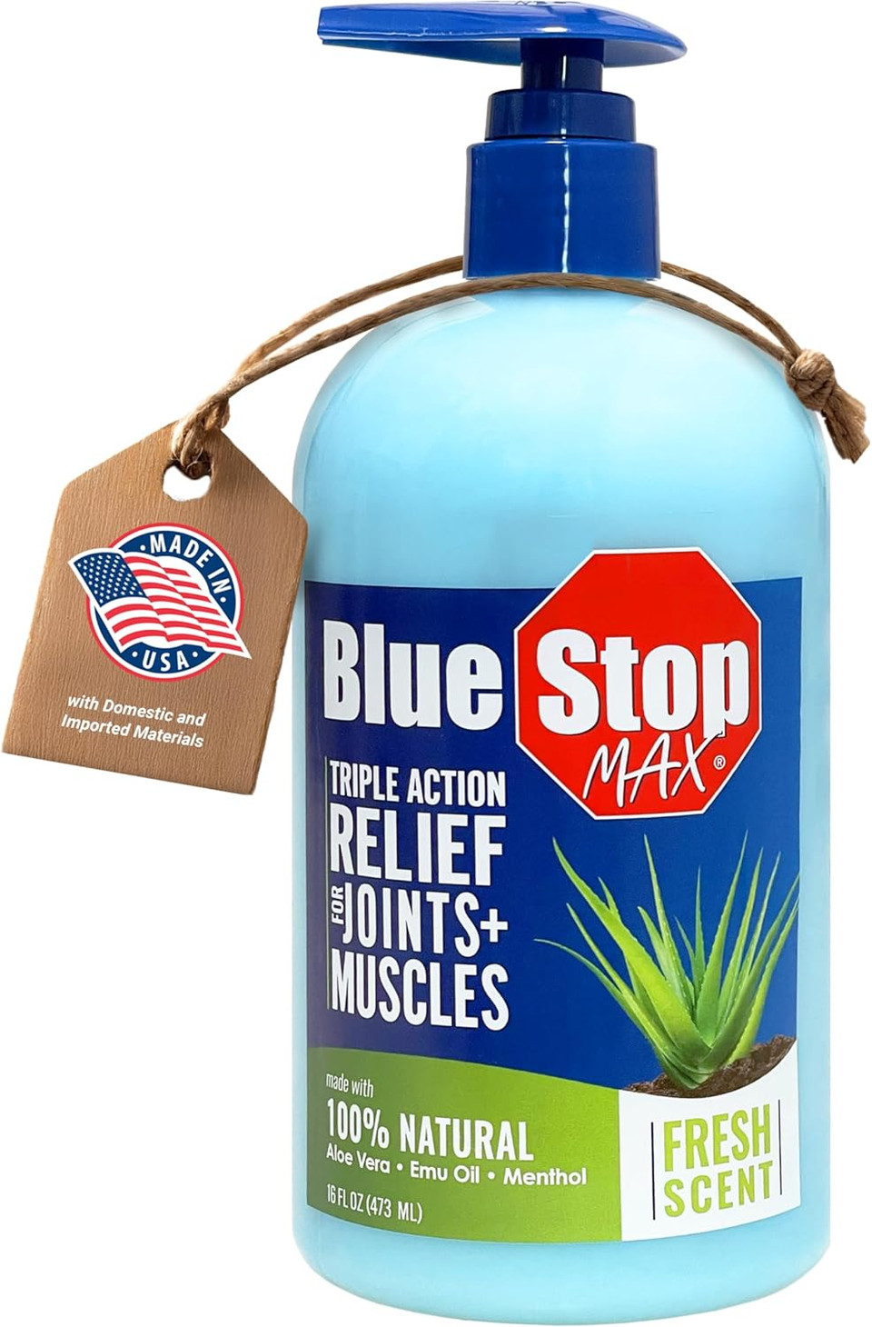 Blue Stop Max Muscle & Joint Relief Gel: Fast-Acting Sore Muscle, Back & Neck Relief Cream, Numbing Emu Oil Formula For Ankle, Leg Cramps, Tennis Elbow - 8 Oz Pump Bottle
