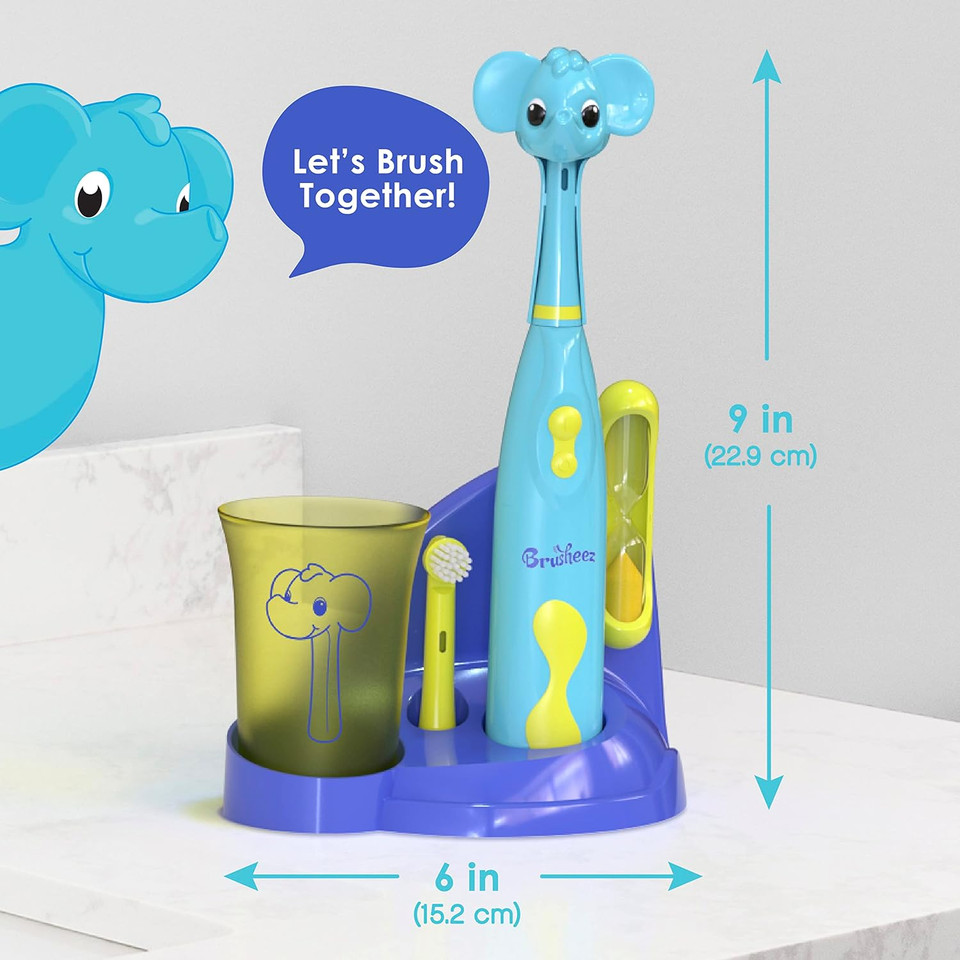 Brusheezã¢Â® Kidsã¢Â Electric Toothbrush Set - Safe & Effective For Ages 3+ Parent Tested Approved With Gentle Bristles, 2 Brush Heads, Rinse Cup, 2-Minute Timer, Storage Base (Ollie The Elephant)