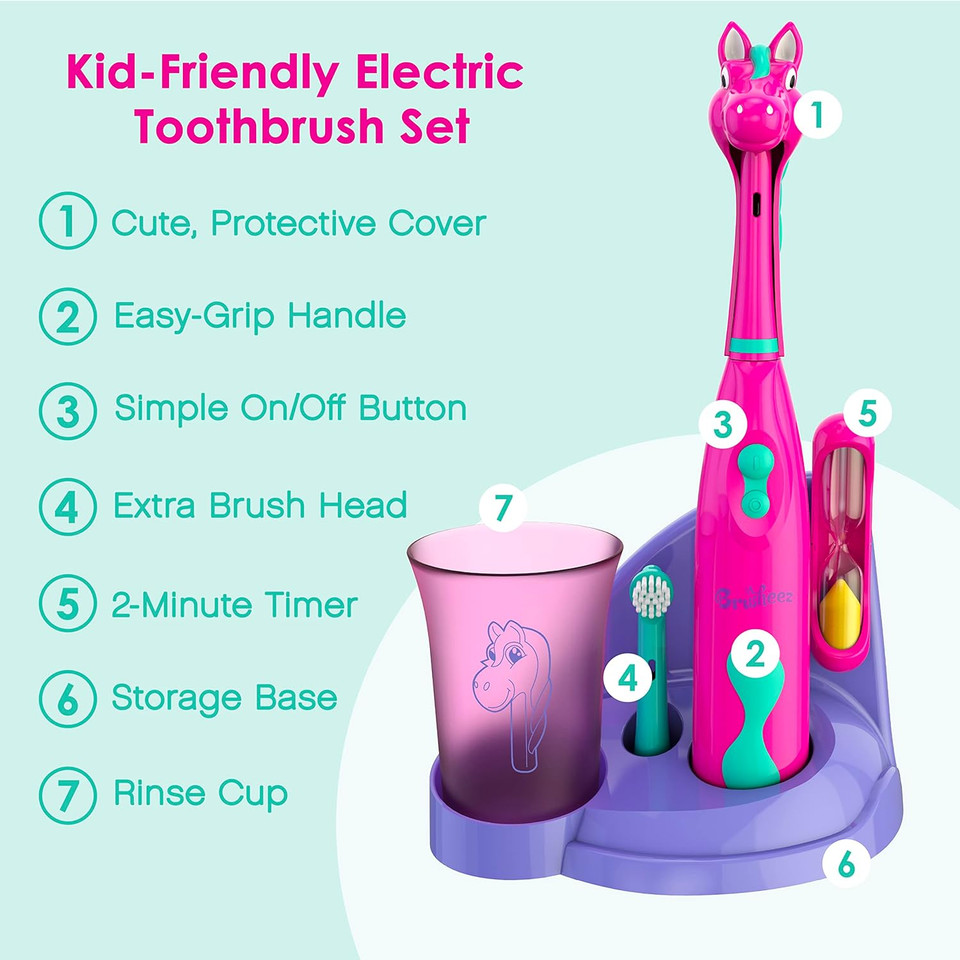 Brusheez® Kids Electric Toothbrush Set - Safe & Effective for Ages 3+ - Parent Tested & Approved with Gentle Bristles, 2 Brush Heads, Rinse Cup, 2-Minute Timer, & Storage Base (Prancy The Pony)