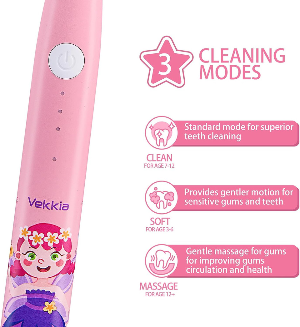Vekkia Kids Electric Toothbrushes, Kids Toothbrush With 3 Modes And 2-Min Time For Age 3+, Ipx7 Waterproof, 4 Soft Bristles(Flower Fairy) Vekkia Kids Electric Toothbrushes, Kids Toothbrush With 3 Modes And 2-Min Time For Age 3+, Ipx7 Waterproof, 4 Soft Bristles(Flower Fairy)