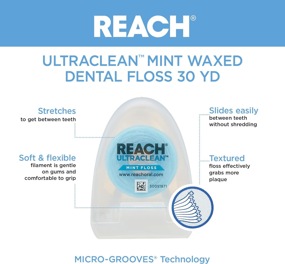 Reachã¢Â® Listerine Ultraclean Mint Waxed Dental Floss | Dental Floss | Pfas Free | Shred Resistant | Effective Plaque Removal | Mint Flavor | 30Yd, 6 Pack