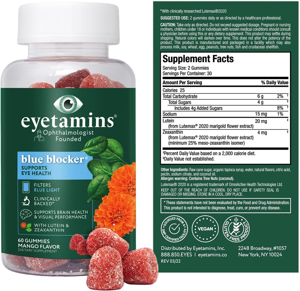 Blue Blockerã¢Â® Eye Health - 60 Lutein Gummies - Ophthalmologist-Developed - Support Vision, Filter Blue Light & Help Eye Strain - Promotes Sleep, Focus Eyesight ÃÂ Vegan & Non-Gmo Formula