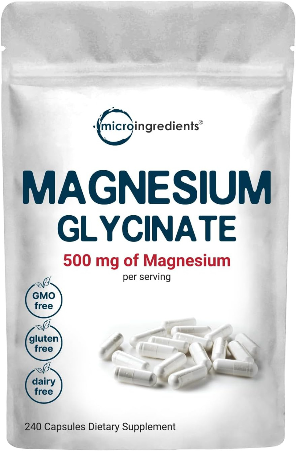 Magnesium Glycinate 500mg Per Serving, 240 Capsules | Potent Elemental Form, 100% Chelated, High Absorption | Healthy Muscle, Bones, & Mood Support Supplement | Non-GMO