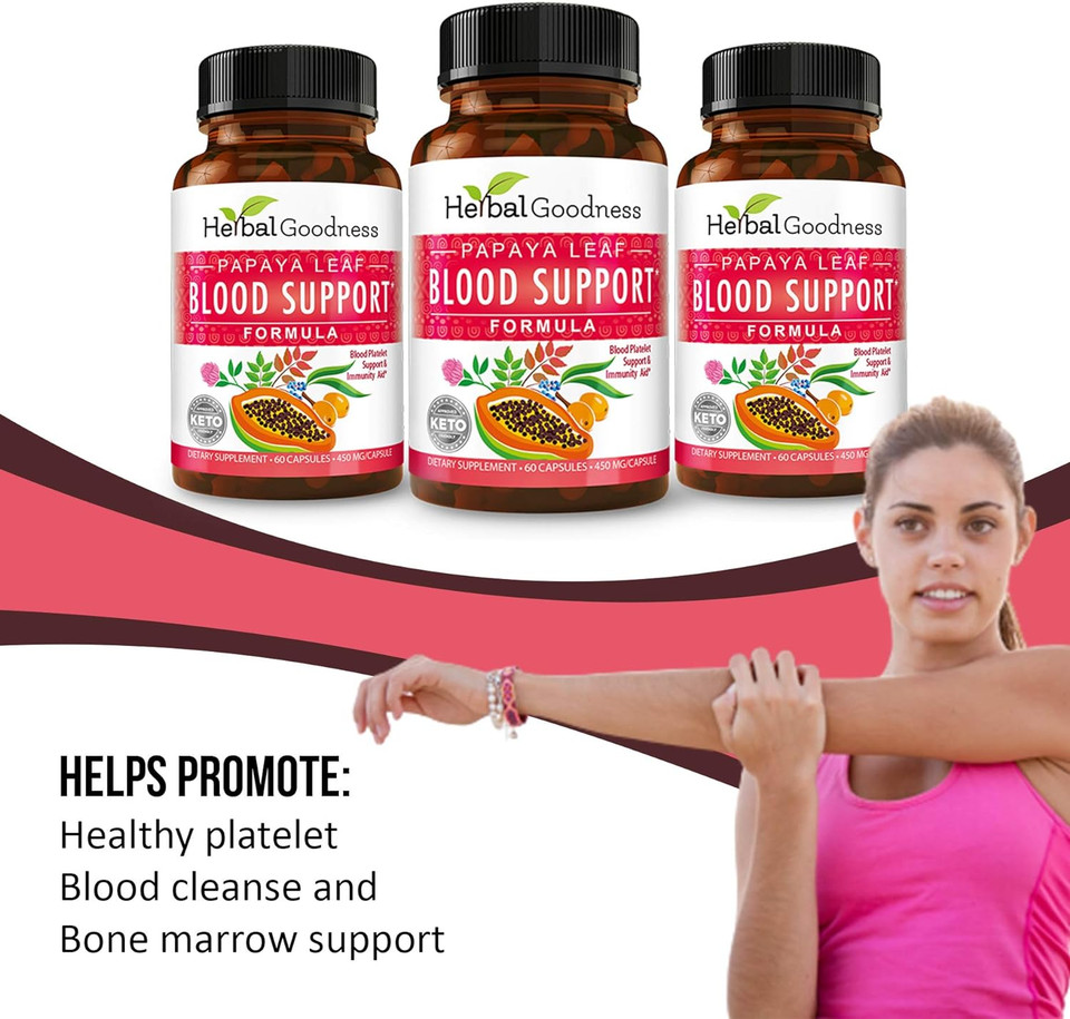 Papaya Leaf Blood Support Capsules - Blood Platelet, Bone Marrow, Immunity Support - Herbal Remedy - 60/450Mg Veggie Capsules - Herbal Goodness (1 Bottle) Papaya Leaf Blood Support Capsules - Blood Platelet, Bone Marrow, Immunity Support - Herbal Remedy - 60/450Mg Veggie Capsules - Herbal Goodness (1 Bottle)