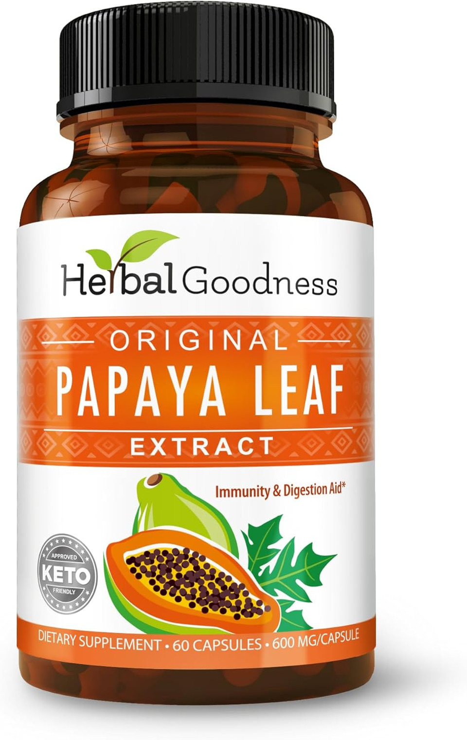 Papaya Leaf Extract Digestive Enzymes - 10X Strength 60/600Mg Veg Capsules- Blood Platelet, Bone Marrow & Spleen Support, Immune Gut & Super Digestive Health - Made In Usa By Herbal Goodness
