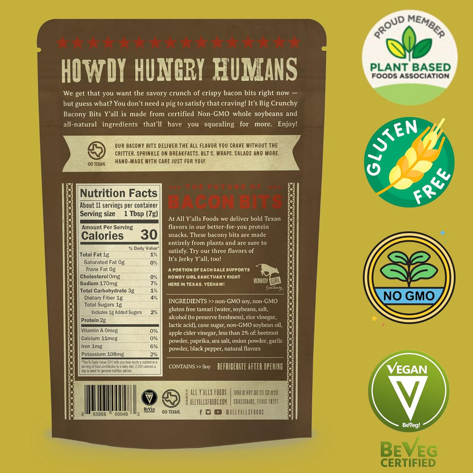 All Y'Alls Foods Plant Based Bacon Bits | Big And Crunchy Vegan Snacks | Non-Gmo, Gluten Free, High Protein, Vegetarian (2 Pack)