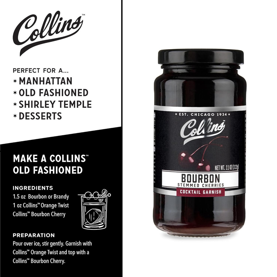 Collins Bourbon Cocktail Cherries - Drinks Garnish for Manhattan or Old Fashioned Cocktails and Desserts, Made with Award Winning Whiskey, 11 Ounce Glass Jar