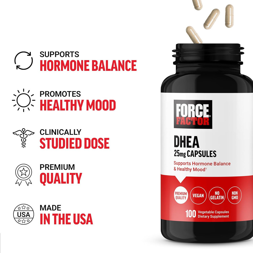 Force Factor Dhea 25Mg, Dhea Supplement For Women And Men To Support Hormone Balance And Healthy Mood, Premium Quality, Vegan Friendly, Non-Gmo, 100 Vegetable Capsules