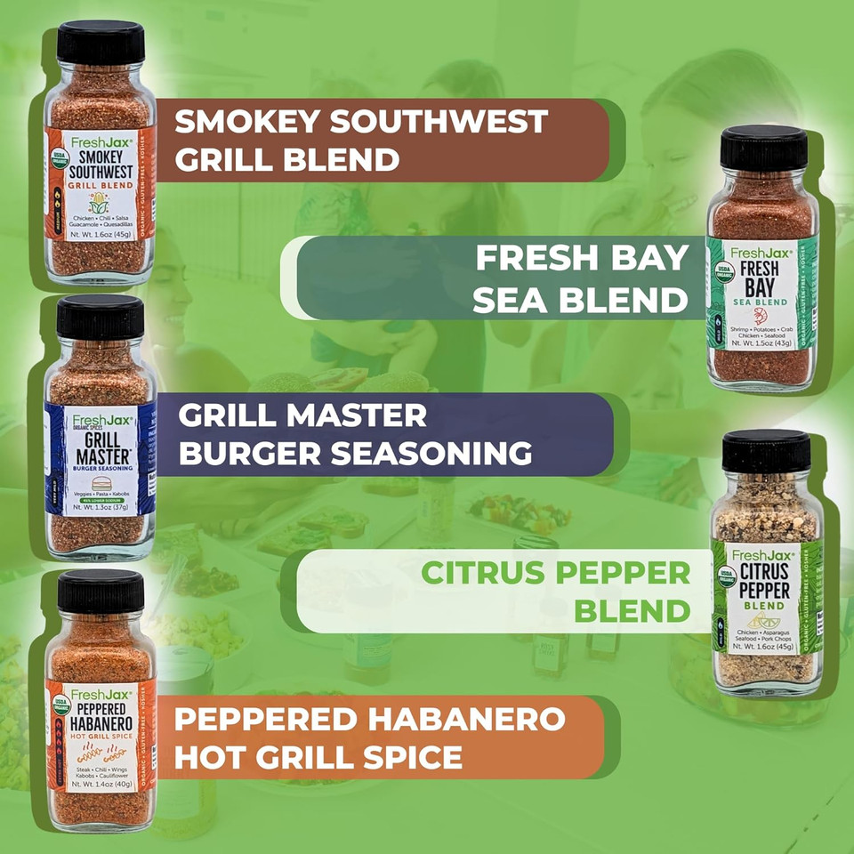 Freshjax Grill Seasoning Gift Set | Pack Of 5 Organic Grilling Spices | Grilling Gifts For Dads, Father | Bbq Grill Spices And Seasoning Sets Packed In A Giftable Box