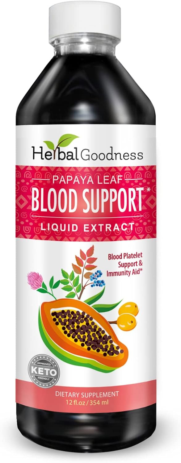 Papaya Leaf Blood Support Liquid - 15X Strength - Papaya Leaf Extract - Healthy Platelets, Blood Cleanse, Digestion, Papaya Enzyme -12Oz Liquid - Herbal Goodness (1 Bttl)