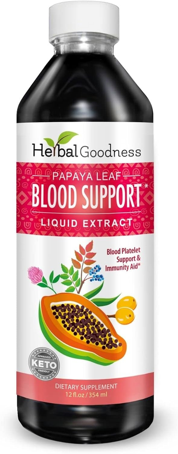 Papaya Leaf Blood Support Liquid - 15X Strength - Papaya Leaf Extract - Healthy Platelets, Blood Cleanse, Digestion, Papaya Enzyme -12Oz Liquid - Herbal Goodness (1 Bttl)