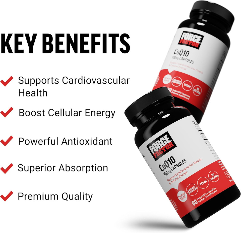 Force Factor Coq10 100Mg, Coenzyme Q10 Heart Health Supplement With Enhanced Absorption, Premium Grade Coq 10, Vegan, Dairy Free, Gluten Free, And Non-Gmo, 60 Vegetable Capsules
