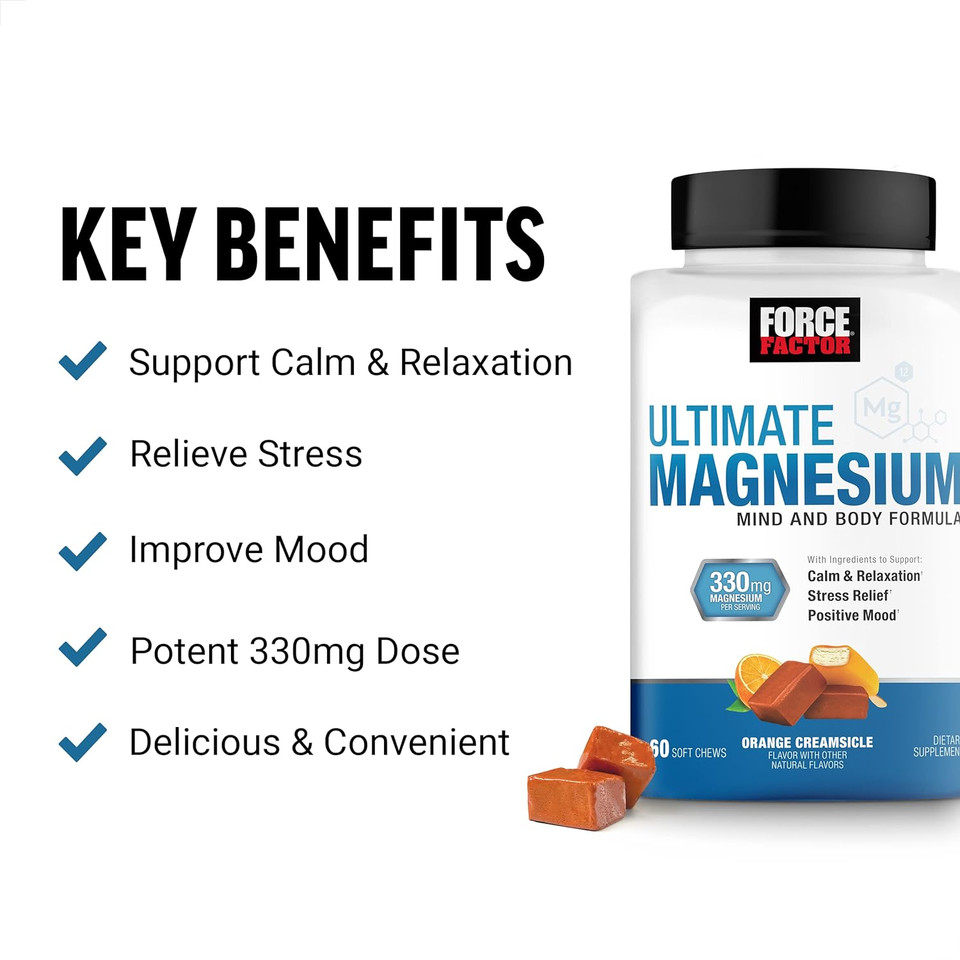 Force Factor Ultimate Magnesium Supplement, Magnesium for Stress Relief, Calm, and Relaxation, Magnesium Chewable, Vegan, Gluten Free, & Non-GMO, Orange Creamsicle Flavor, 60 Soft Chews