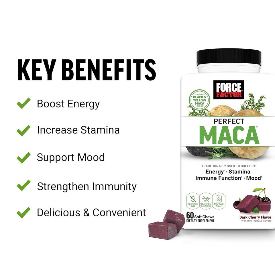 Force Factor Perfect Maca, Maca Root And Dim Supplement With Saffron To Boost Energy And Mood, With Yellow And Black Maca, Vitamins, Minerals, And Antioxidants, Dark Cherry Flavor, 60 Soft Chews