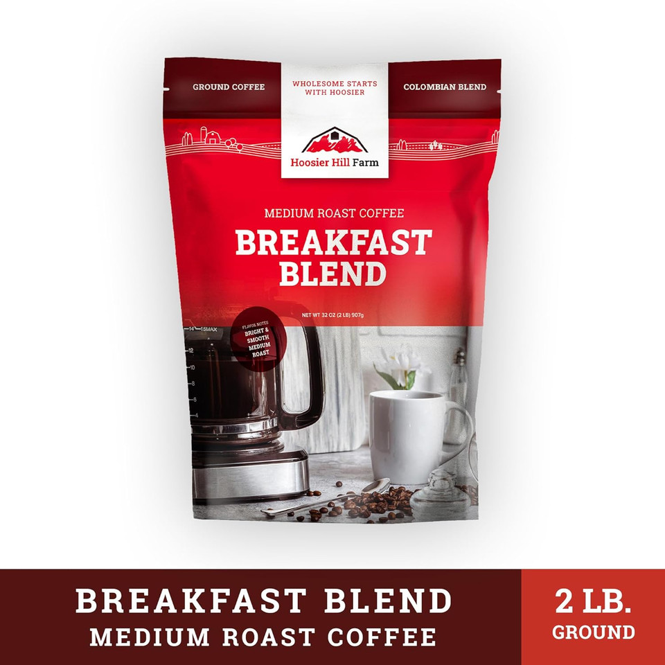 Hoosier Hill Farm Breakfast Blend Ground Coffee, Medium Roast, 32oz (2LB), Resealable Bag