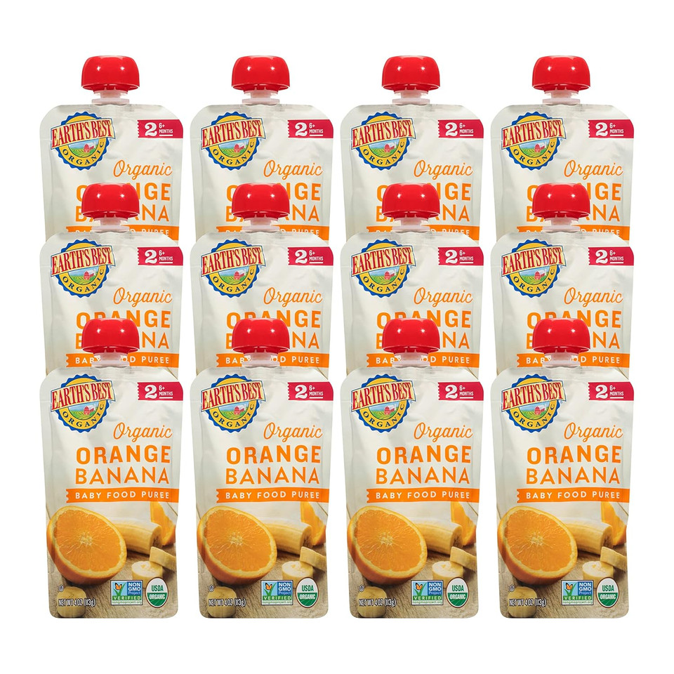 Earth'S Best Organic Baby Food Pouches, Stage 2 Fruit Puree For Babies 6 Months And Older, Organic Orange And Banana Puree, 4 Oz Resealable Pouch (Pack Of 12)
