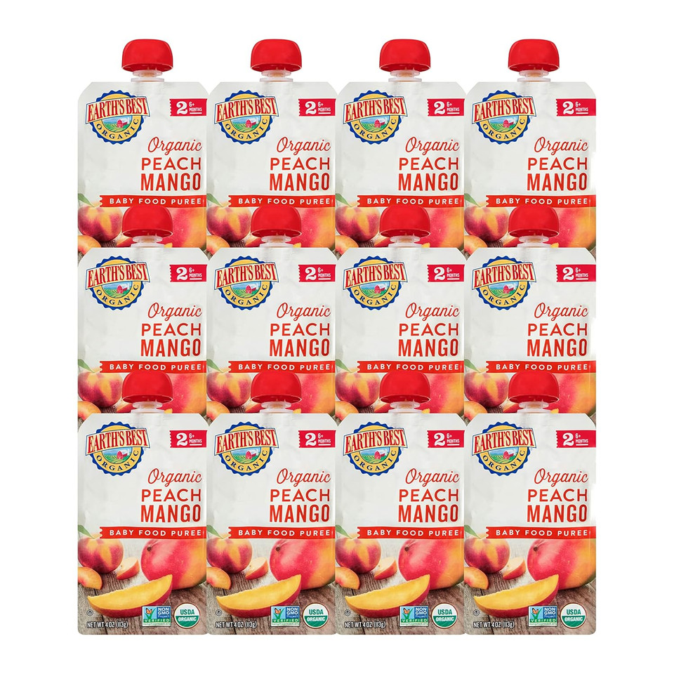 Earth'S Best Organic Baby Food Pouches, Stage 2 Fruit Puree For Babies 6 Months And Older, Organic Peach And Mango Puree, 4 Oz Resealable Pouch (Pack Of 12)