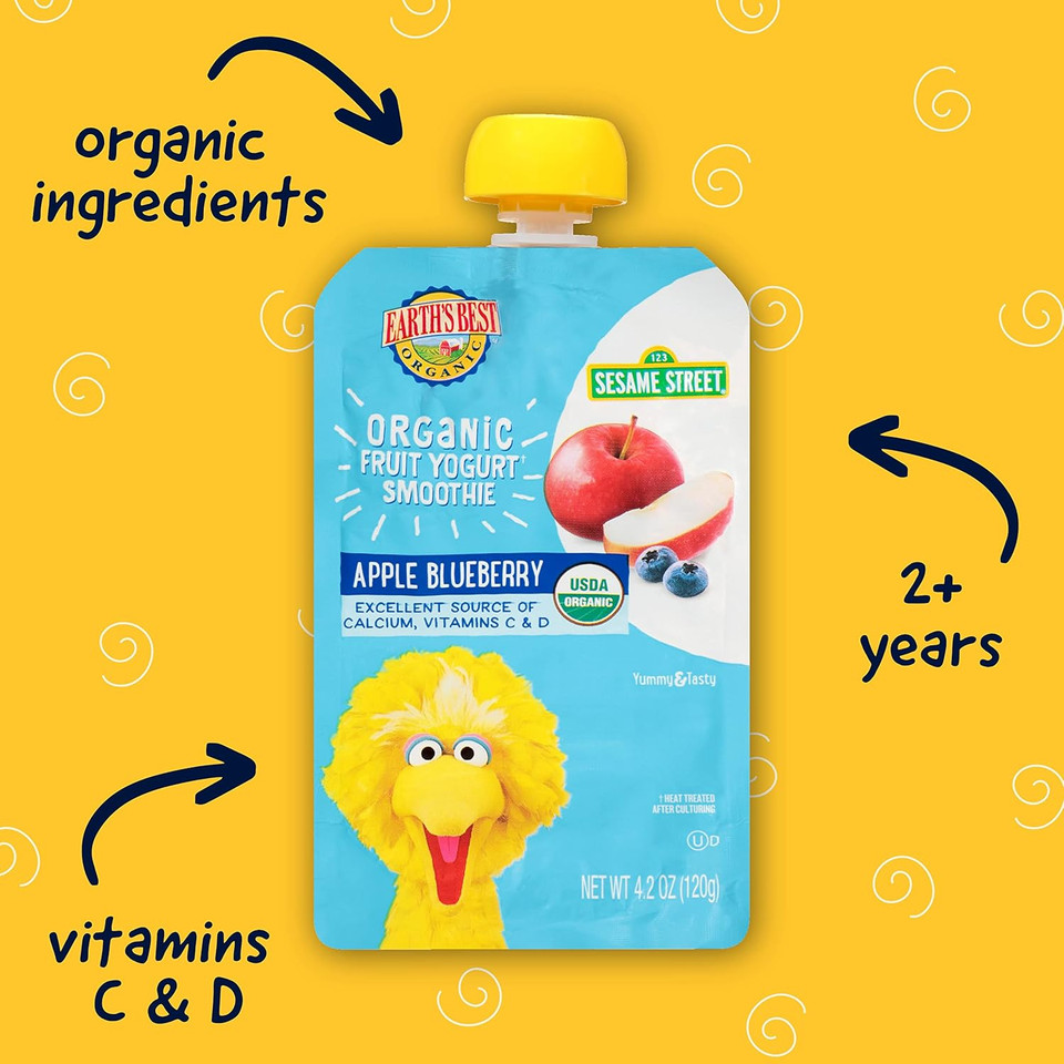 Earth'S Best Organic Kids Snacks, Sesame Street Toddler Snacks, Organic Fruit Yogurt Smoothie For Toddlers 2 Years And Older, Apple Blueberry, 4.2 Oz Resealable Pouch (Pack Of 12) Earth'S Best Organic Kids Snacks, Sesame Street Toddler Snacks, Organic Fruit Yogurt Smoothie For Toddlers 2 Years And Older, Apple Blueberry, 4.2 Oz Resealable Pouch (Pack Of 12)