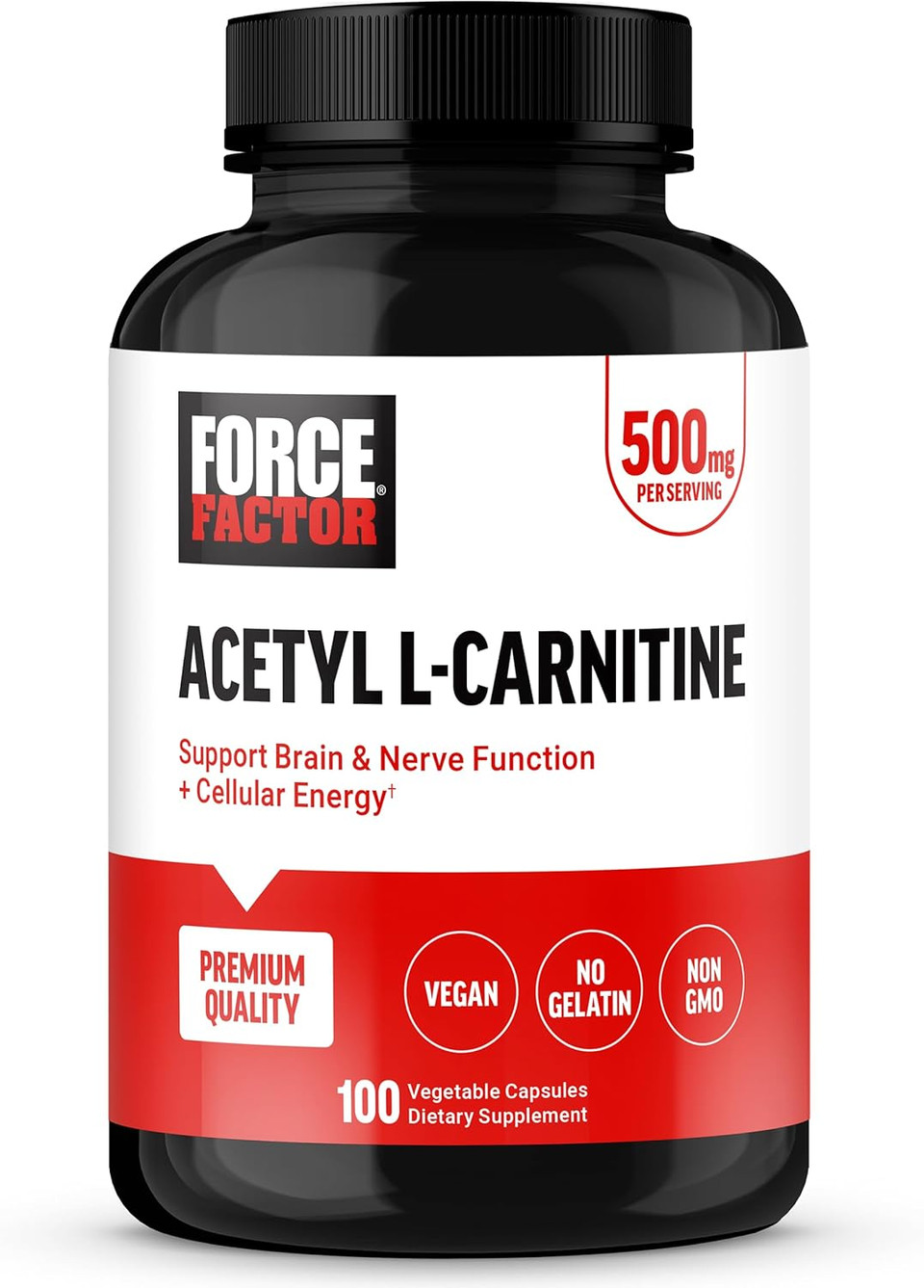 Force Factor Acetyl L-Carnitine Brain Supplement, Nerve Support Supplement, And Cellular Energy Booster, Acetyl L-Carnitine 500Mg, Premium Quality, Vegan, Non-Gmo, 100 Vegetable Capsules