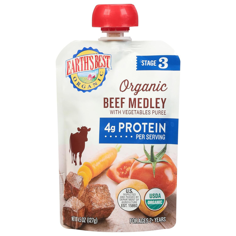 Earth'S Best Organic Baby Food Pouches, Stage 3 Protein Puree For Toddlers 2 Years And Older, Organic Beef Medley With Vegetables Puree, 4.5 Oz Resealable Pouch (Pack Of 12)