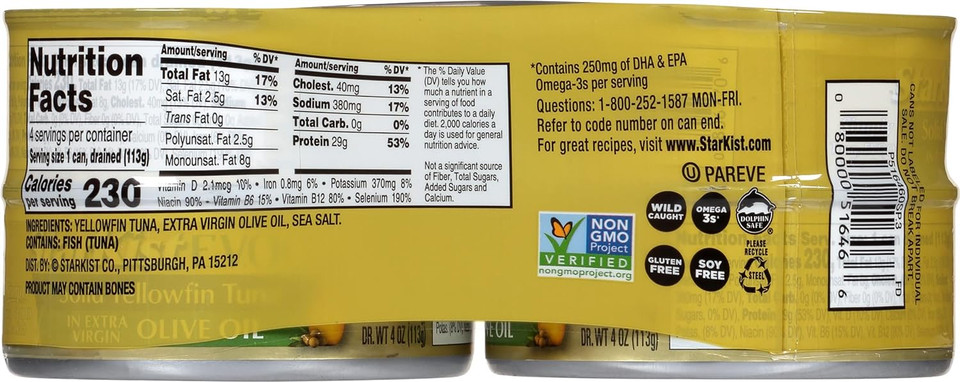 Starkist E.V.O.O. Solid Yellowfin Tuna In Extra Virgin Olive Oil, 4.5 Oz, Pack Of 4